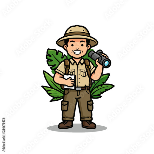 Cartoon Explorer With Binoculars and Notebook Outdoors in Jungle Setting