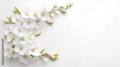 White blossoms frame on white background, spring freshness, card design