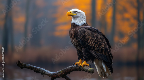 A bald eagle sits perched on a branch in autumn scene