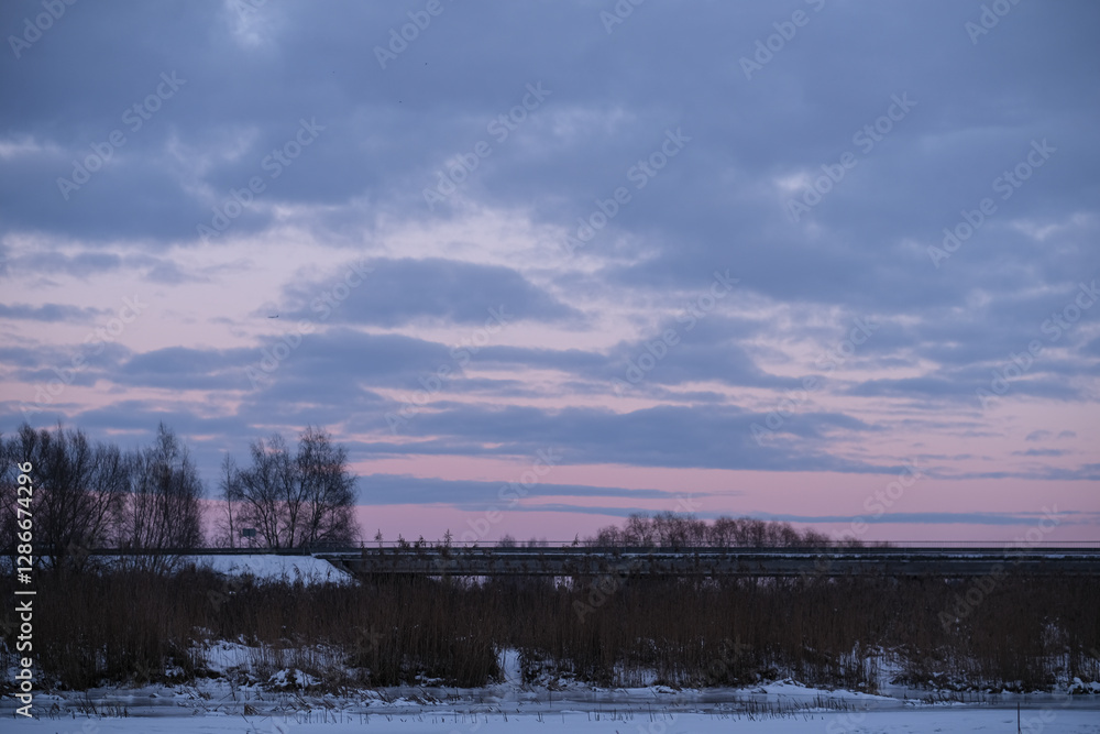 Winter landscape with a frozen lake and dry grass. 