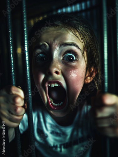 Little girl yelling behind bars