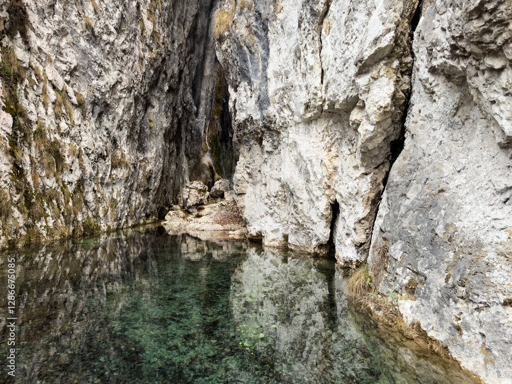 close-up of gorge cliff reflecting in the calm waters of mountain river. clean transparent mountain river. natural mountain pool close-up of gorge cliff reflecting in the calm waters of mountain river. clean transparent mountain river. natural mountain pool