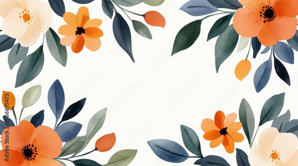 Elegant floral border design with orange and yellow flowers surrounded by green leaves on a light background Elegant floral border design with orange and yellow flowers surrounded by green leaves on a light background
