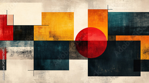 Modern abstract poster with overlapping squares, each showcasing different colors, textures, and minimalist symbols