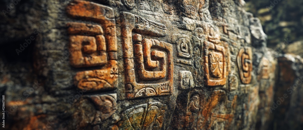 Fototapeta premium Carved stone wall adorned with ancient symbols hints at a rich cultural and artistic legacy.