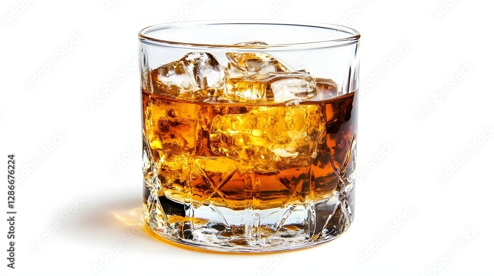 Closeup of a Glass of Whiskey with Ice Cubes Reflecting Light on a White Background Closeup of a Glass of Whiskey with Ice Cubes Reflecting Light on a White Background