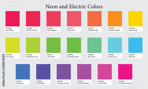 Color Palette 20 Colors of Neon and Electric - Colorful Bright Pink, Vibrant Cyan, Glowing Lime - with HEX Codes and Names, Colour Swatches and Combinations