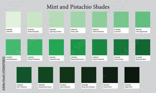Color Palette 20 Shades of Mint and Pistachio - Green Fresh, Light, Refreshing Colors - with HEX Codes and Names, Colour Swatches and Combinations