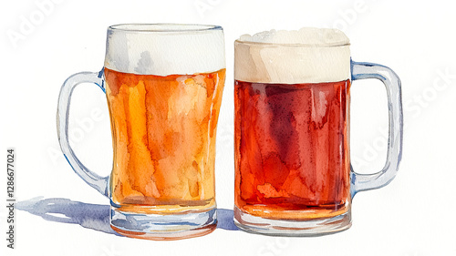 Two frosty mugs of beer, one light and one dark, showcasing the delightful variety of brews in a watercolor style.