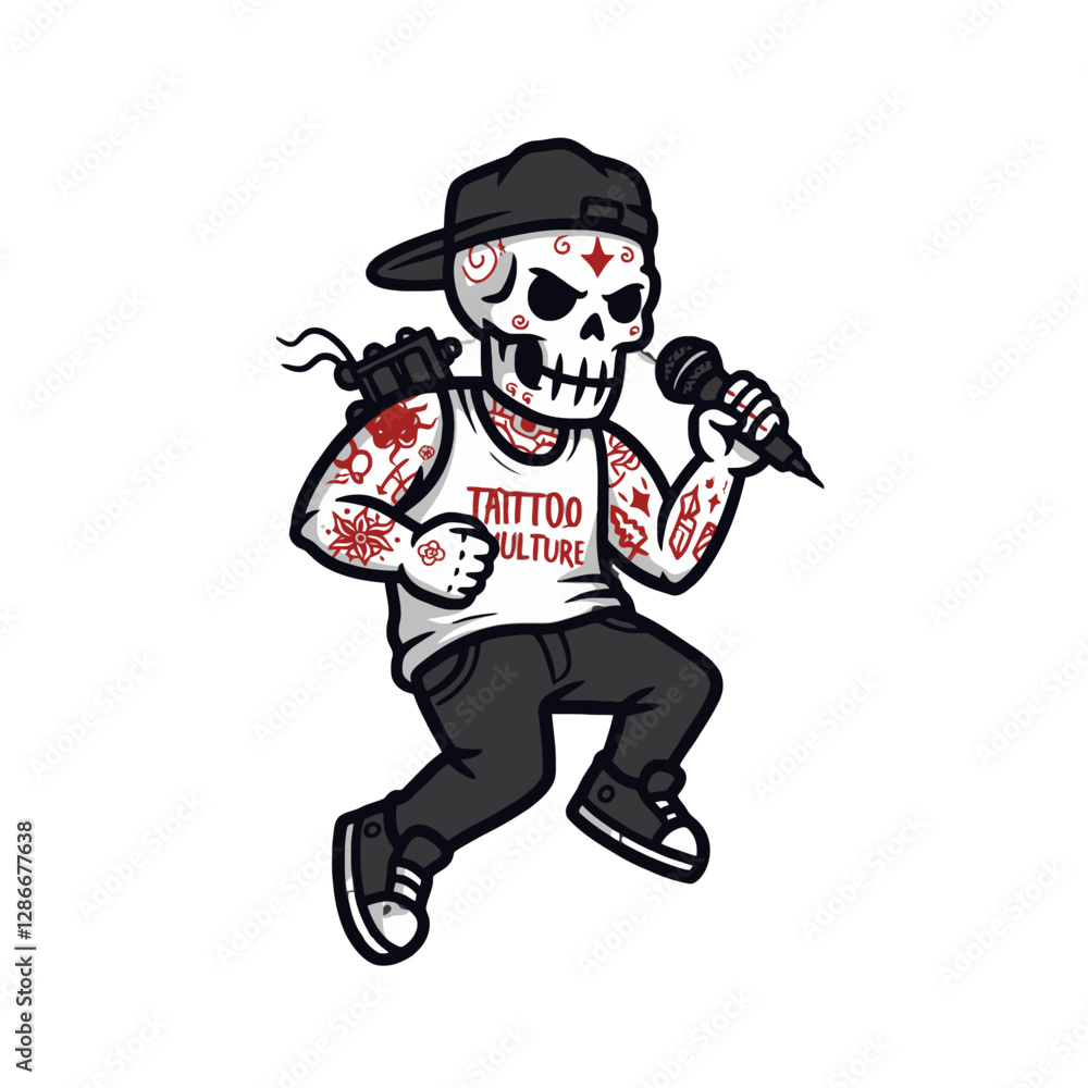 Tattooed Skeleton Holding Microphone in Urban Style Artwork Tattooed Skeleton Holding Microphone in Urban Style Artwork