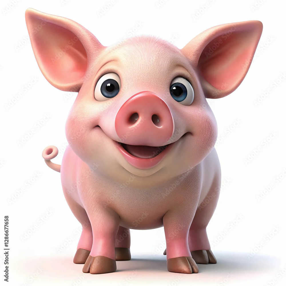 A cute 3D illustration of a pig, isolated on a white background, featuring a A cute 3D illustration of a pig, isolated on a white background, featuring a