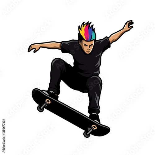 Young Skateboarder Performing Tricks With Colorful Hair, Cartoon Style Art