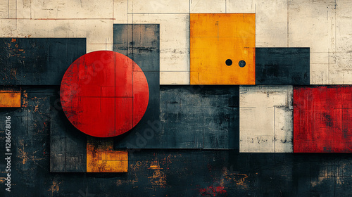Modern abstract poster with overlapping squares, each showcasing different colors, textures, and minimalist symbols
