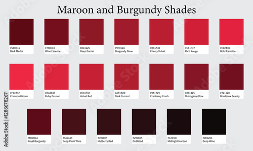 Color Palette 20 Shades of Maroon and Burgundy - Rich, Elegant, Wine Colors - with HEX Codes and Names, Colour Swatches and Combinations