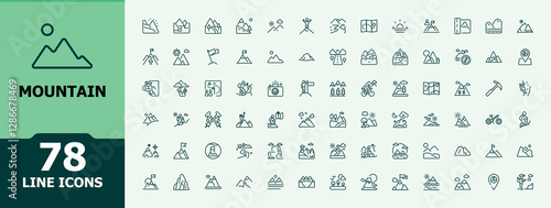 Mountain vector icon set. Includes thin line climb, peak, climbing, hill, explore, mountains and more. Thin outline icons pack. Vector icons editable stroke. Minimalist vector collections.