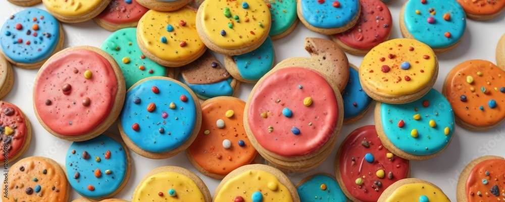 Vibrant colored cookies on a white background, sweet treats, baked goods, cookie decorations Vibrant colored cookies on a white background, sweet treats, baked goods, cookie decorations