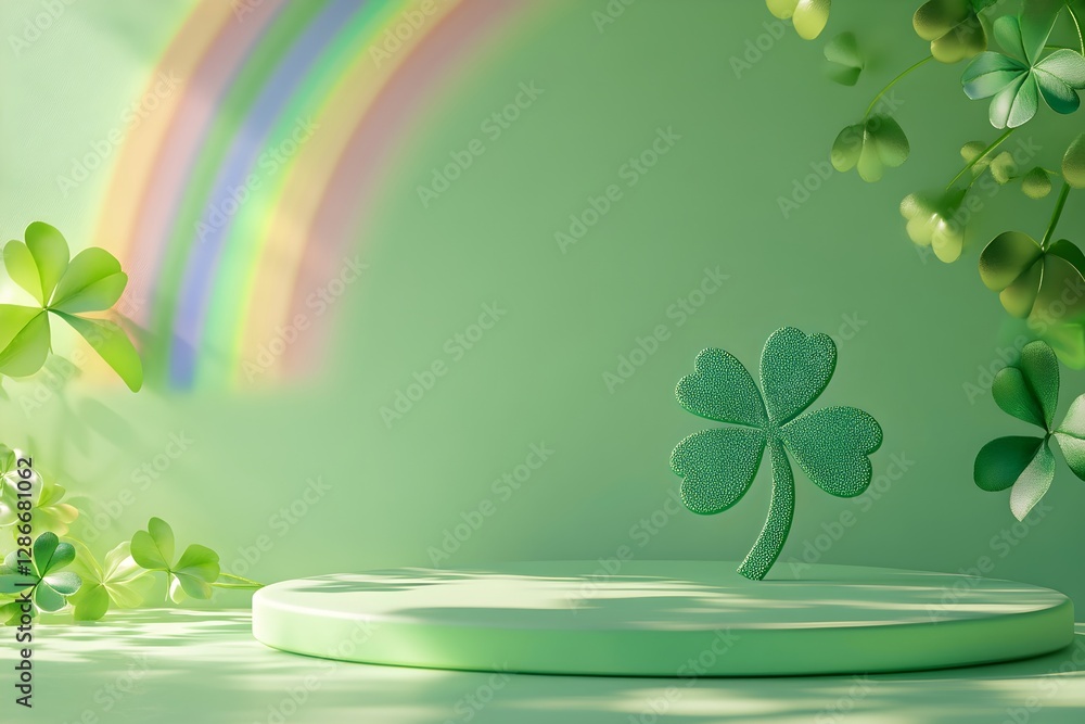 Fototapeta premium Green shamrock leaves and rainbow around product display podium. St Patrick's Day festive background with lucky clover decorations and round platform for merchandise