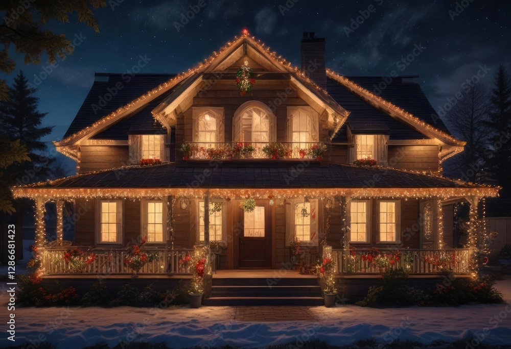 Fototapeta premium Twinkling lights adorning a festive holiday house, cozy home, holiday decorations