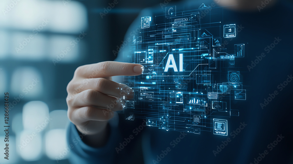 Innovative digital hologram showcasing AI figure with data visuals. hand interacts with holographic display, emphasizing technology and artificial intelligence Innovative digital hologram showcasing AI figure with data visuals. hand interacts with holographic display, emphasizing technology and artificial intelligence