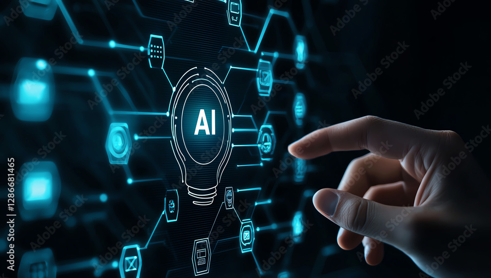 Fototapeta premium hand pressing light bulb icon with AI symbols in digital interface, showcasing technology and innovation