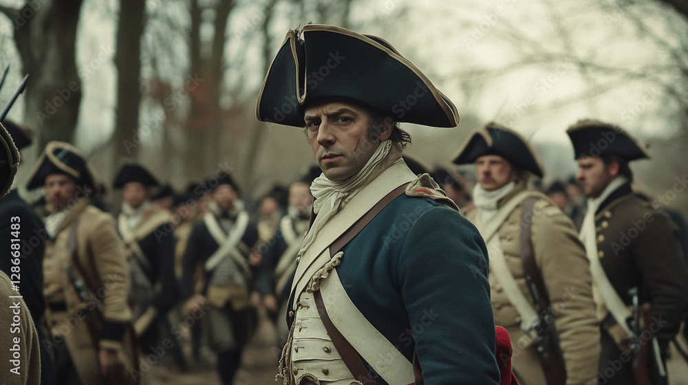 Fototapeta premium American Colonists in Revolutionary War Uniforms on Battlefield