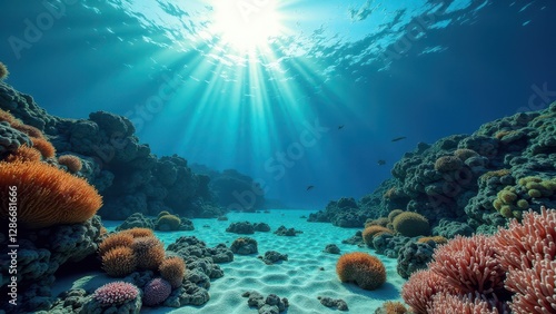 Wallpaper Mural Underwater view of coral reef pathway with bleached and colorful corals under sunlit ocean water	 Torontodigital.ca