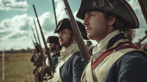 American Colonists in Revolutionary War Uniforms on Battlefield