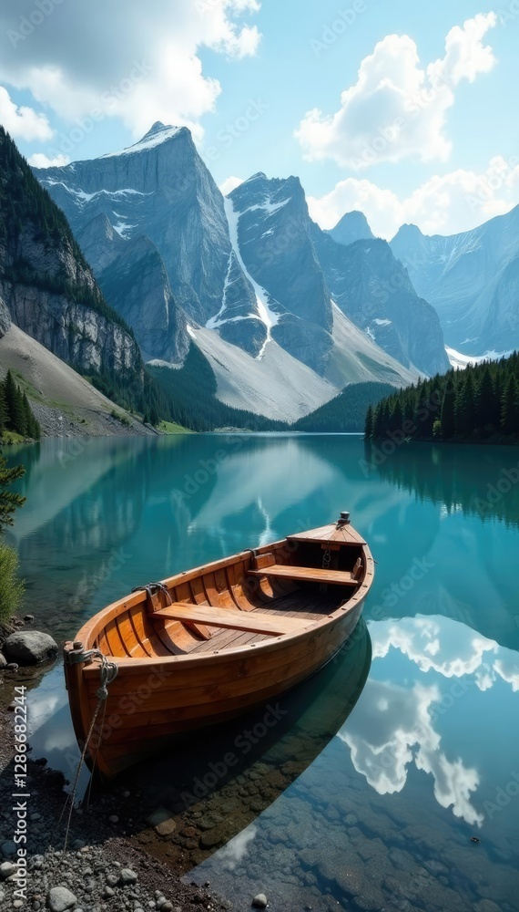 Obraz premium serene mountain lake with wooden boat docked on shore, scenery, reflections, water