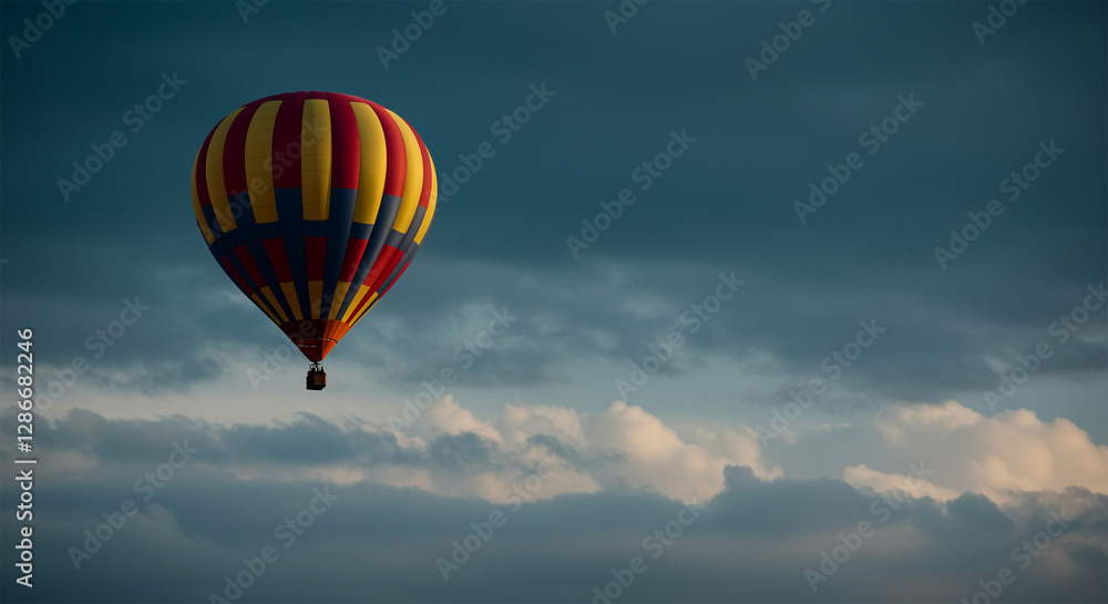 Fototapeta premium Colorful hot air balloon soaring over dramatic cloudscape