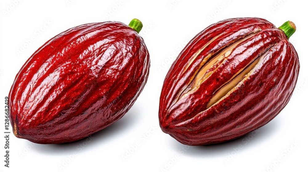 A vibrant red fruit with a distinct green stem set against a pure white background showcasing its rich color and freshness A vibrant red fruit with a distinct green stem set against a pure white background showcasing its rich color and freshness
