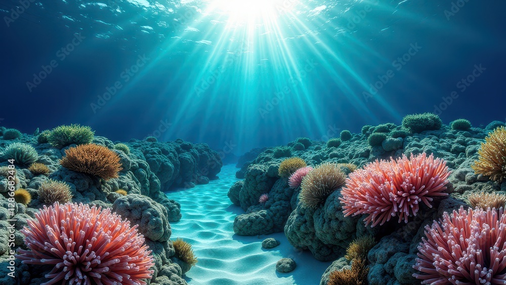 Fototapeta premium Underwater view of coral reef pathway with bleached and colorful corals under sunlit ocean water 