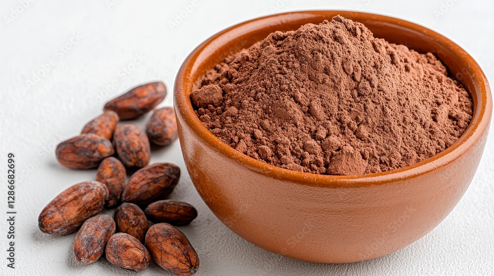 Simple bowl filled with cocoa powder ideal for baking, cooking, and chocolate ingredient use Simple bowl filled with cocoa powder ideal for baking, cooking, and chocolate ingredient use