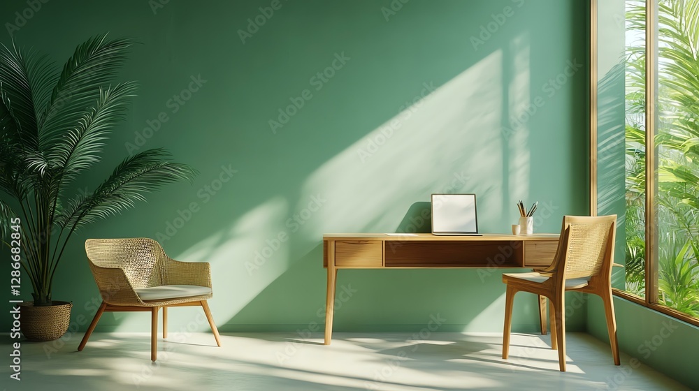 Fototapeta premium Modern workspace with green wall and sunlight.