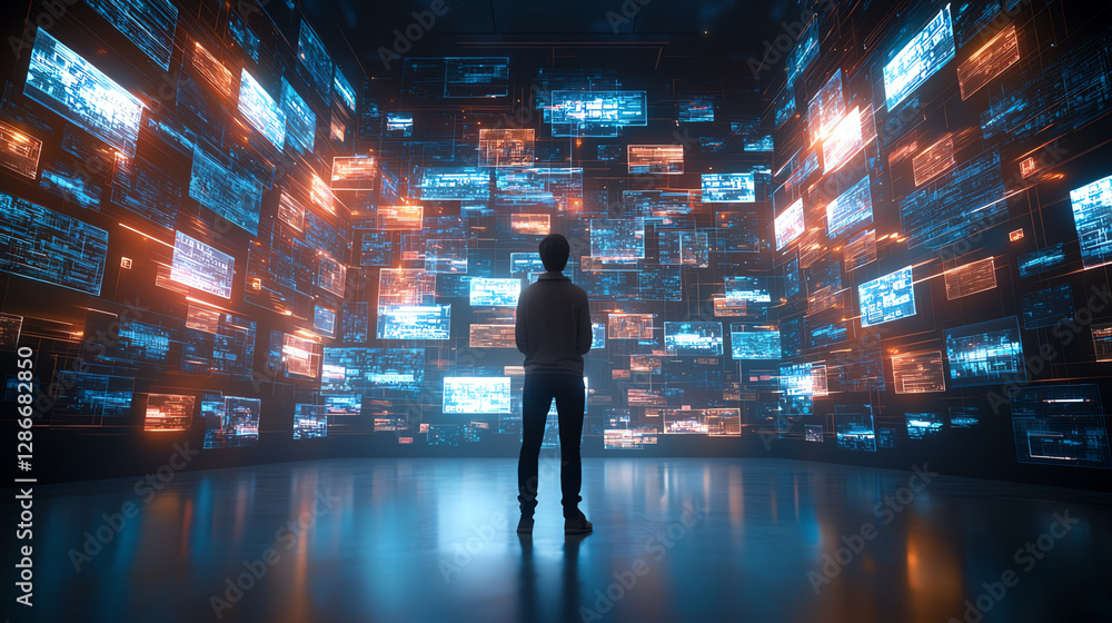 person stands in center of immersive space filled with glowing digital screens displaying data and information. atmosphere is futuristic and engaging, evoking sense of exploration and technology person stands in center of immersive space filled with glowing digital screens displaying data and information. atmosphere is futuristic and engaging, evoking sense of exploration and technology