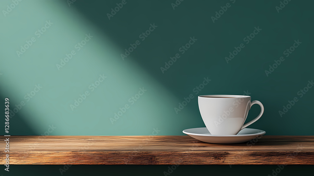 Serene Coffee Moment: A pristine white teacup and saucer rest on a rustic wooden surface, framed by a deep teal wall, subtly lit by a soft beam of sunlight, creating a tranquil atmosphere. Serene Coffee Moment: A pristine white teacup and saucer rest on a rustic wooden surface, framed by a deep teal wall, subtly lit by a soft beam of sunlight, creating a tranquil atmosphere.