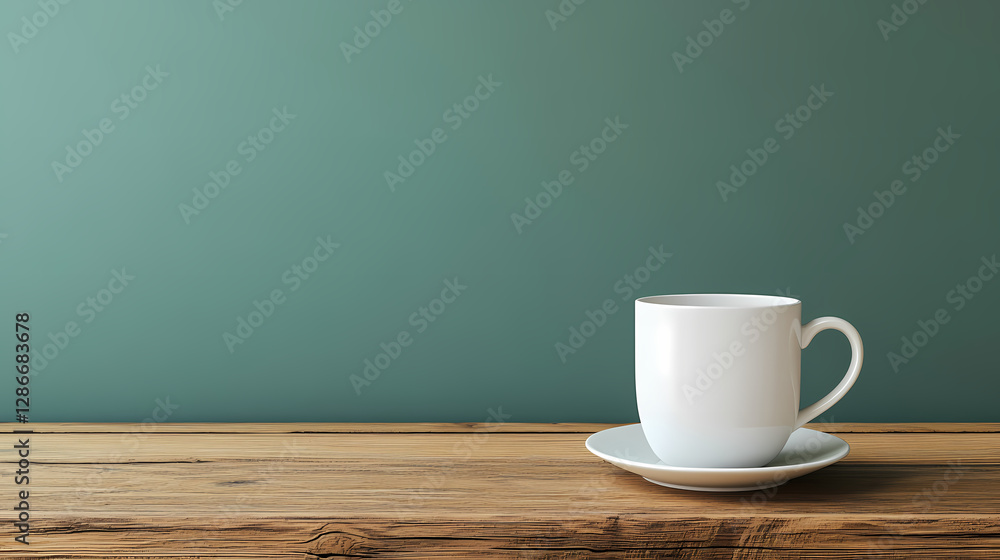 Morning Serenity: A clean, white coffee cup and saucer rest on a natural wood surface against a serene backdrop, a symbol of simple comfort. Morning Serenity: A clean, white coffee cup and saucer rest on a natural wood surface against a serene backdrop, a symbol of simple comfort.