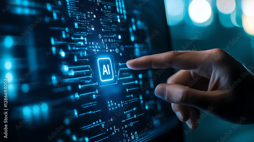 Businessman interacting with virtual screen displaying AI technology, showcasing innovation and digital transformation Businessman interacting with virtual screen displaying AI technology, showcasing innovation and digital transformation