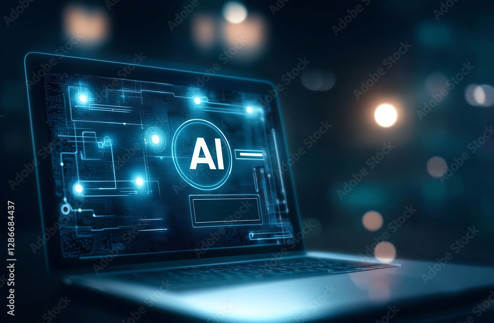 Obraz premium AI technology displayed on laptop screen with glowing circuits and modern design, showcasing innovation and digital advancement