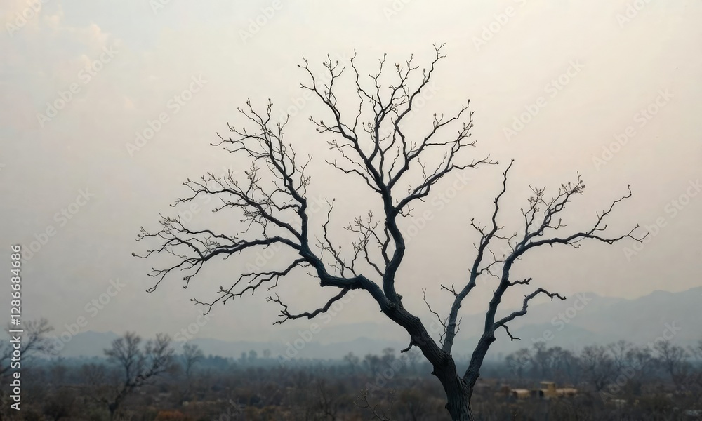Wilting branches of a leafless tree against the backdrop of a hazy sky in a desolate landscape, desolate landscape, wilting branches Wilting branches of a leafless tree against the backdrop of a hazy sky in a desolate landscape, desolate landscape, wilting branches