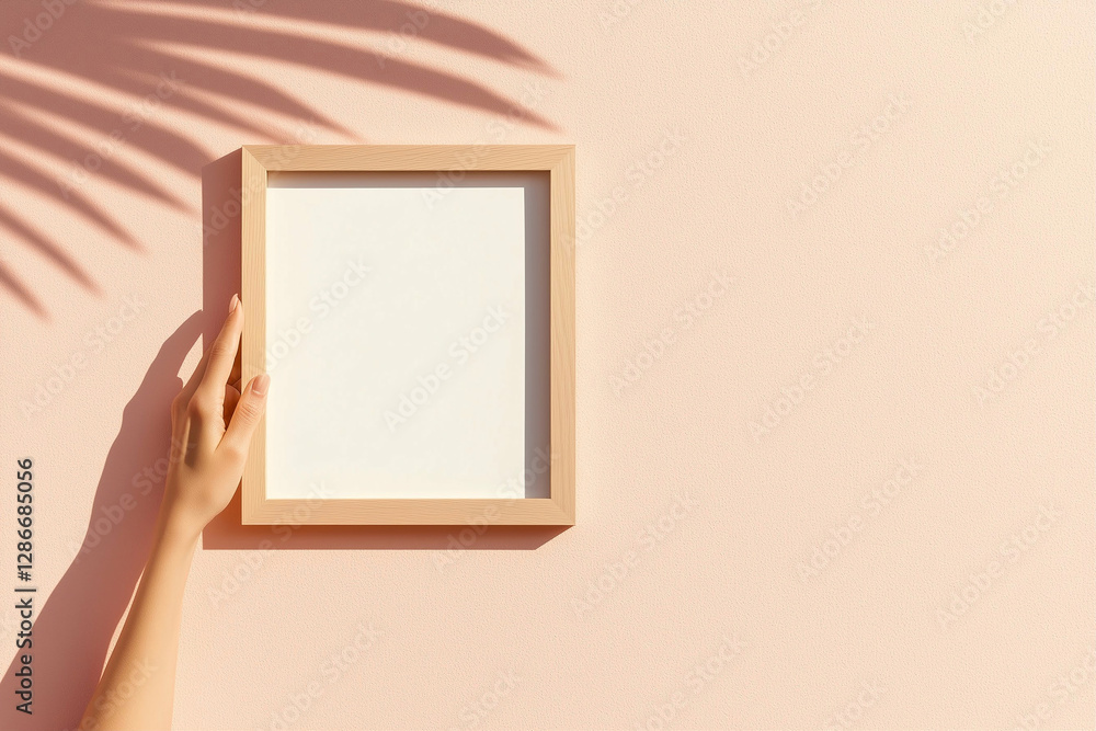 Picture frame on pink wall held by hand with palm leaf shadow. Minimalist lifestyle decor with picture frame on pink wall Picture frame on pink wall held by hand with palm leaf shadow. Minimalist lifestyle decor with picture frame on pink wall