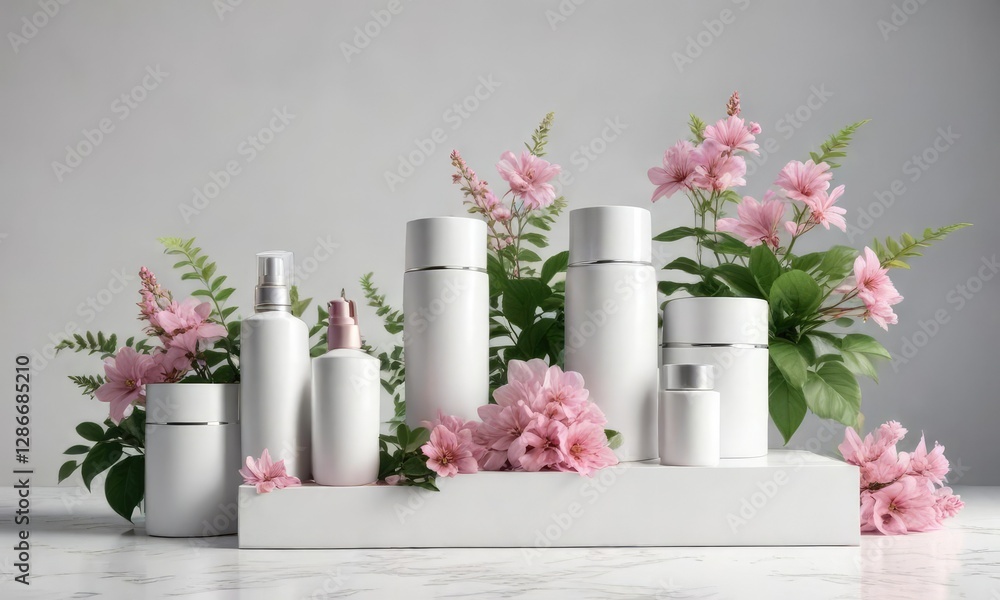 Fototapeta premium White podium with pink flowers and green leaves, displaying various cosmetic package containers, promotion, floral