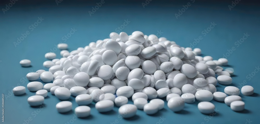 White pills in various shapes and sizes on blue table, overdose awareness, substance abuse, medication mix White pills in various shapes and sizes on blue table, overdose awareness, substance abuse, medication mix
