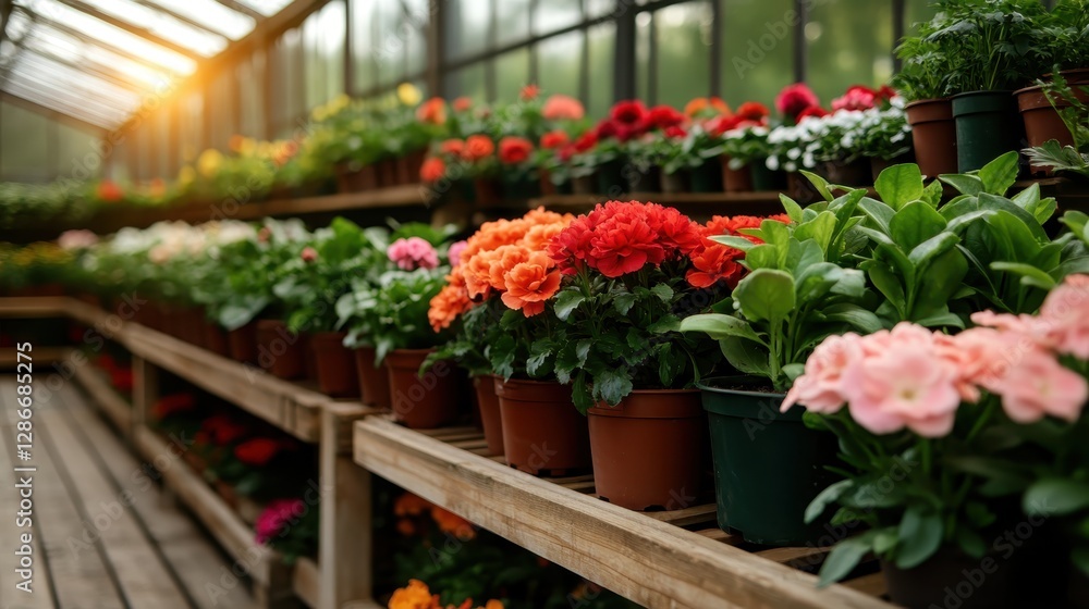 Fototapeta premium A greenhouse filled with vibrant flowers creates a stunning visual experience, showcasing a variety of colorful plants that evoke feelings of joy and tranquility.