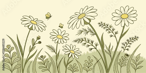 Create a chamomile tea garden pattern with gentle yellow and white hues.