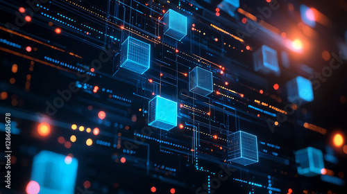 Abstract digital background with glowing cubes and interconnected lines, representing technology and data flow. vibrant colors create futuristic atmosphere