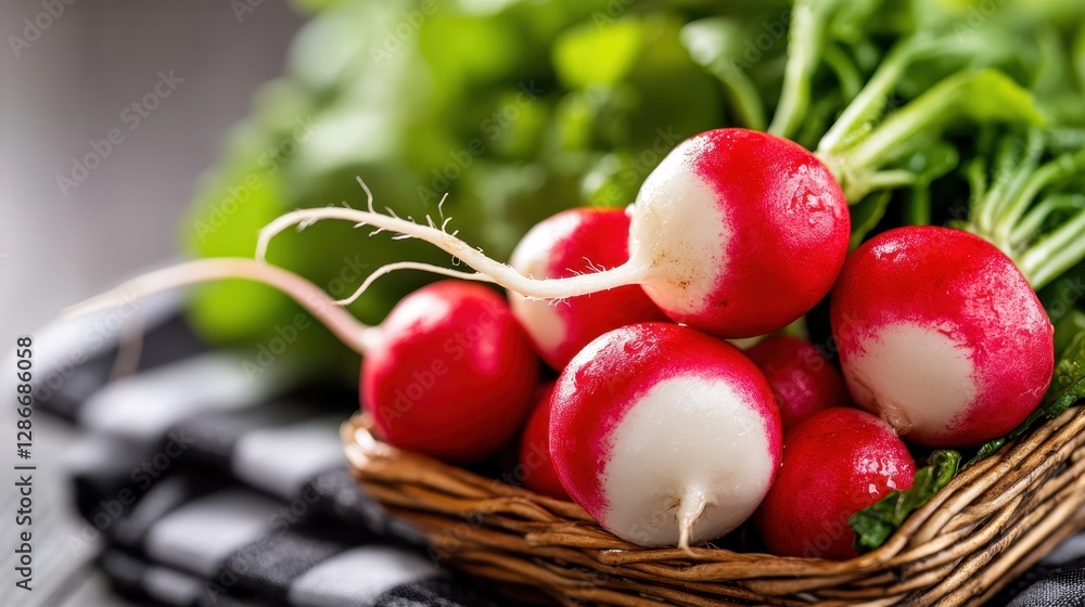 A vibrant cluster of fresh red radishes nestled in a rustic wooden basket, showcasing their crisp texture and vibrant colors against a blurred green background. A vibrant cluster of fresh red radishes nestled in a rustic wooden basket, showcasing their crisp texture and vibrant colors against a blurred green background.