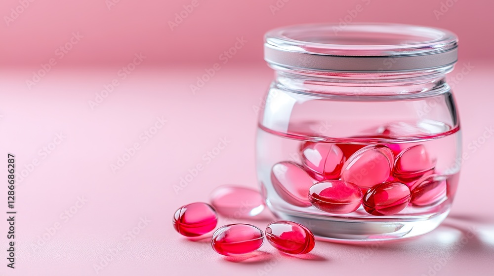 Glass jar with red capsules on pink background Glass jar with red capsules on pink background