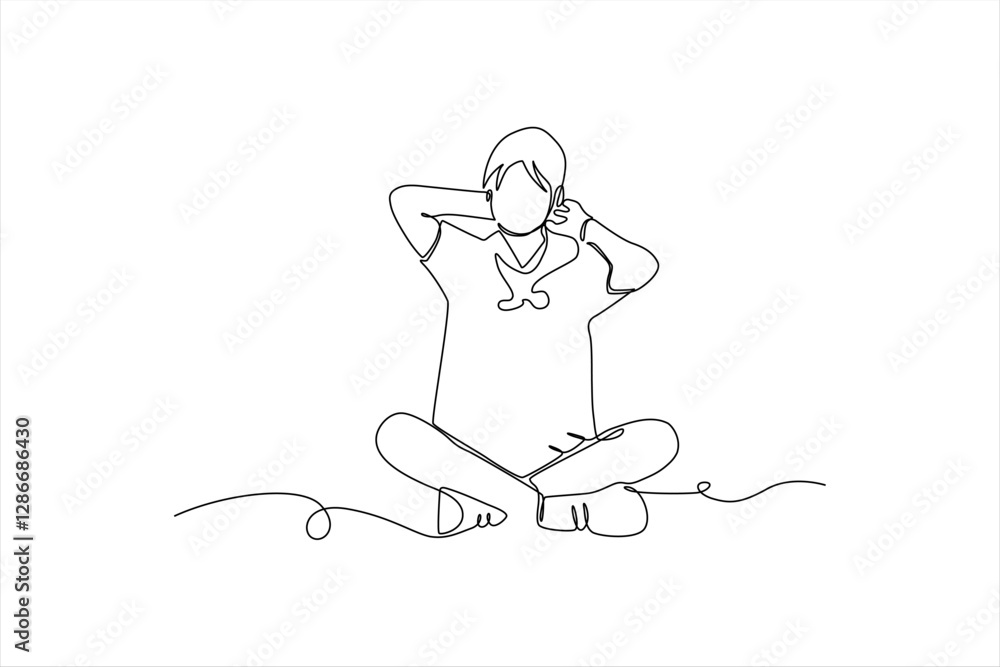 Minimalist line drawing of a person sitting cross-legged, listening to music peacefully Minimalist line drawing of a person sitting cross-legged, listening to music peacefully