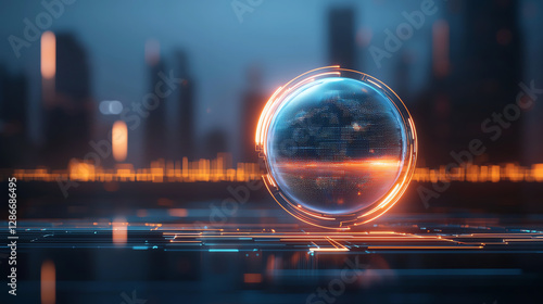 futuristic globe with glowing lines and city skyline in background, representing technology and innovation. vibrant colors create dynamic atmosphere