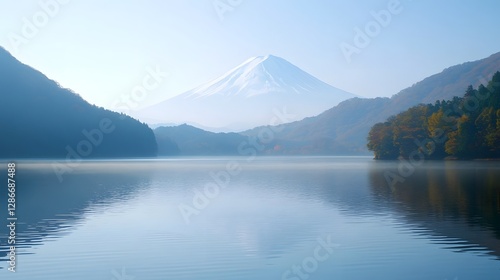 Majestic Mount Fuji Reflected in Tranquil Lake during Autumn in Japan
